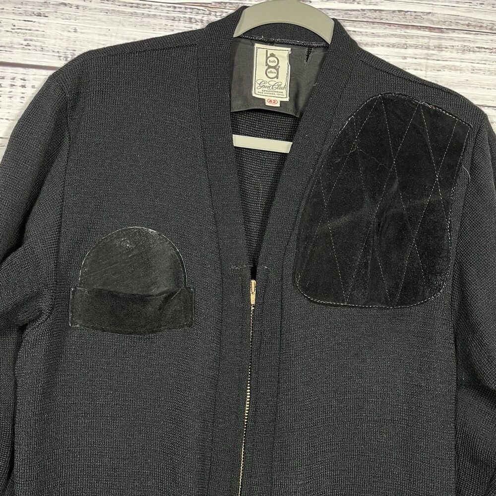 Bob Allen Shooting Jacket Size 42 Men’s Sweater Cardigan Full Zip Black Patches